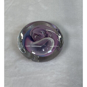 VTG Signed Jim Karg Studio Art Glass Pink & Purple Swirl Paper Weight 3" x 2"